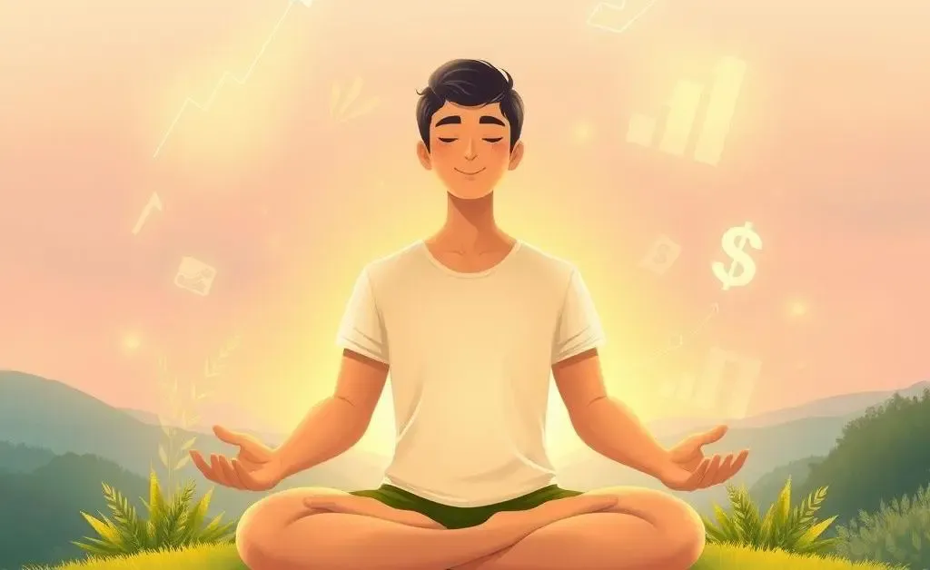 A person meditating with financial symbols floating around them.