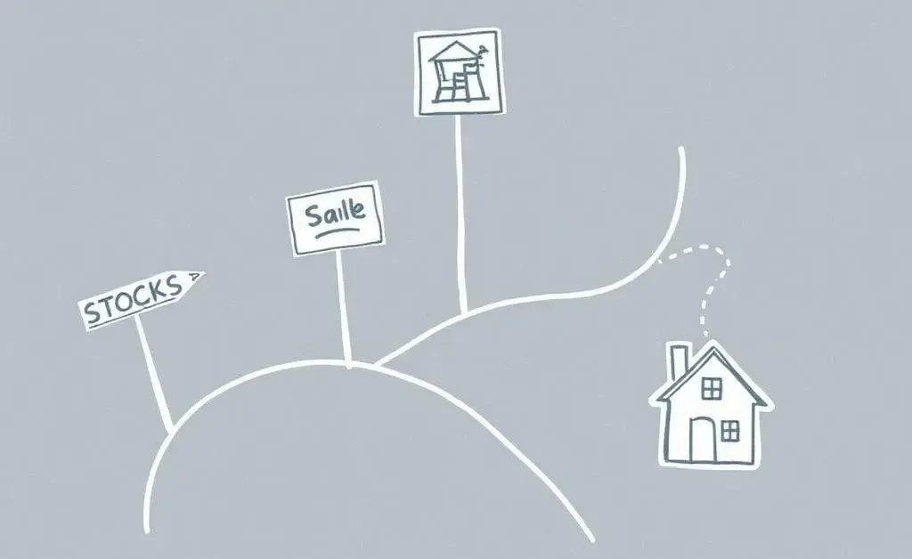 A crossroads with signposts of different investment options like stocks, bonds, and real estate.