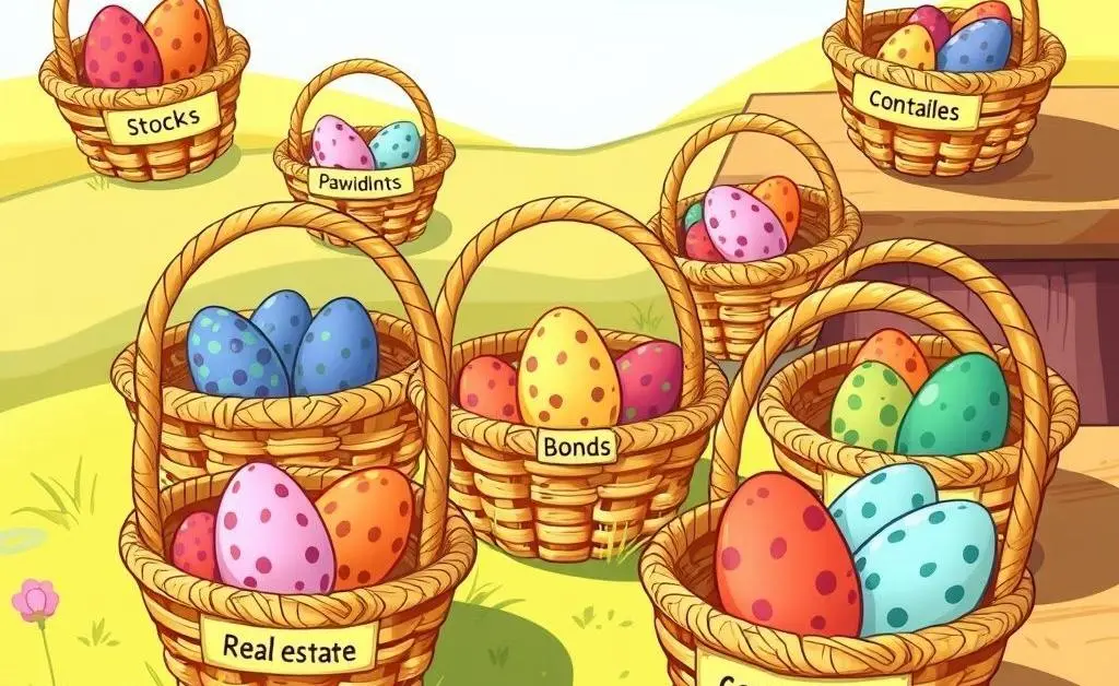 Illustration of a basket filled with variably sized eggs labeled with different asset classes