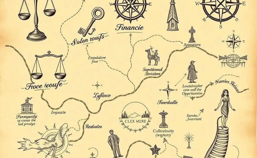 A hand-drawn map highlighting various paths and landmarks symbolizing investment journeys.