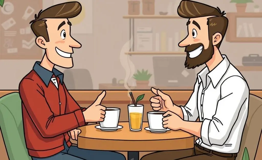 Two people discussing investment strategies over coffee