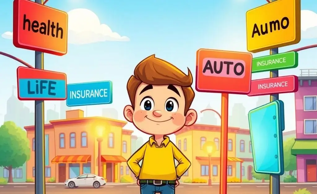 A person standing at a crossroads with different life insurance policies as signposts.