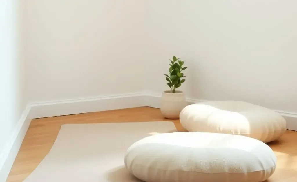 A peaceful meditation corner with a yoga mat and soft, ambient lighting.
