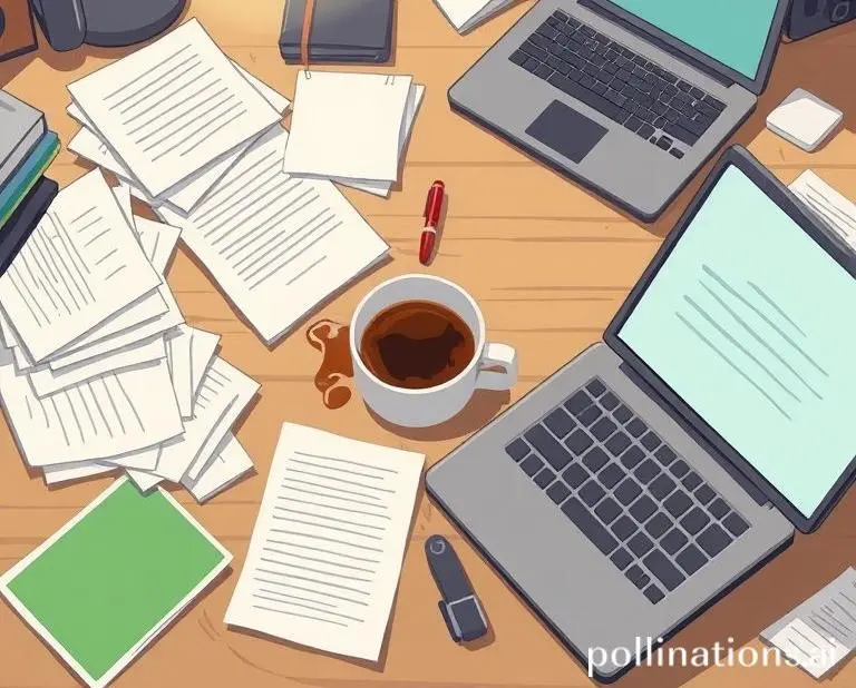 A cartoon-style image of a messy desk with papers, a spilled coffee, and an open laptop
