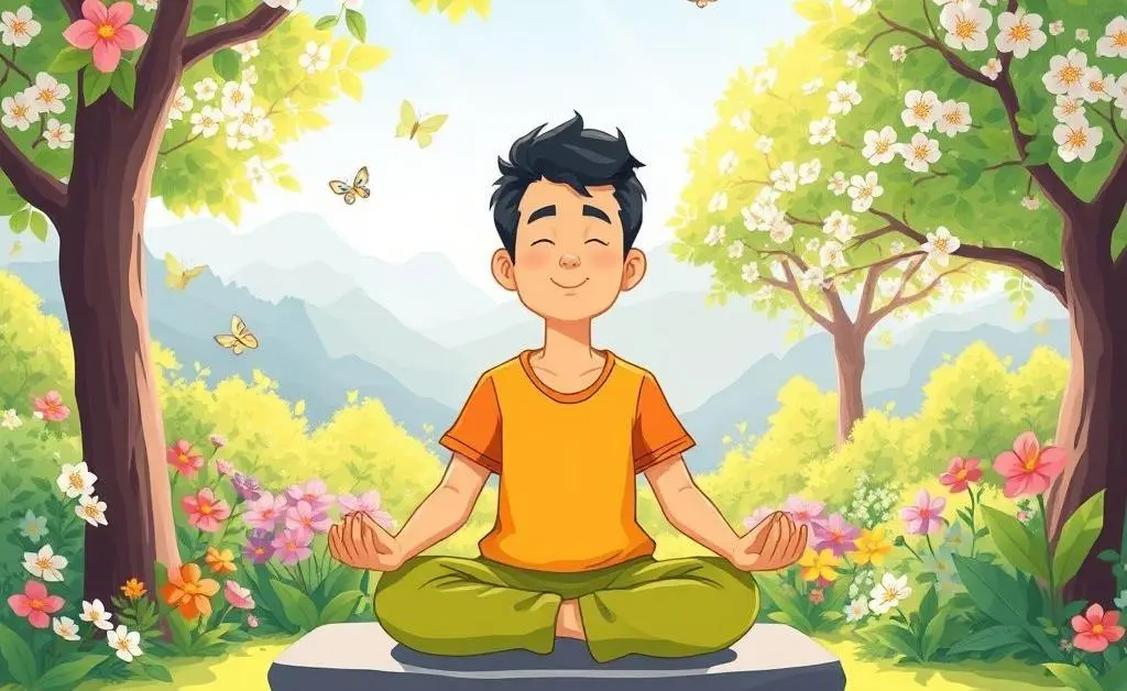 Cartoon of someone meditating in a peaceful room with plants.