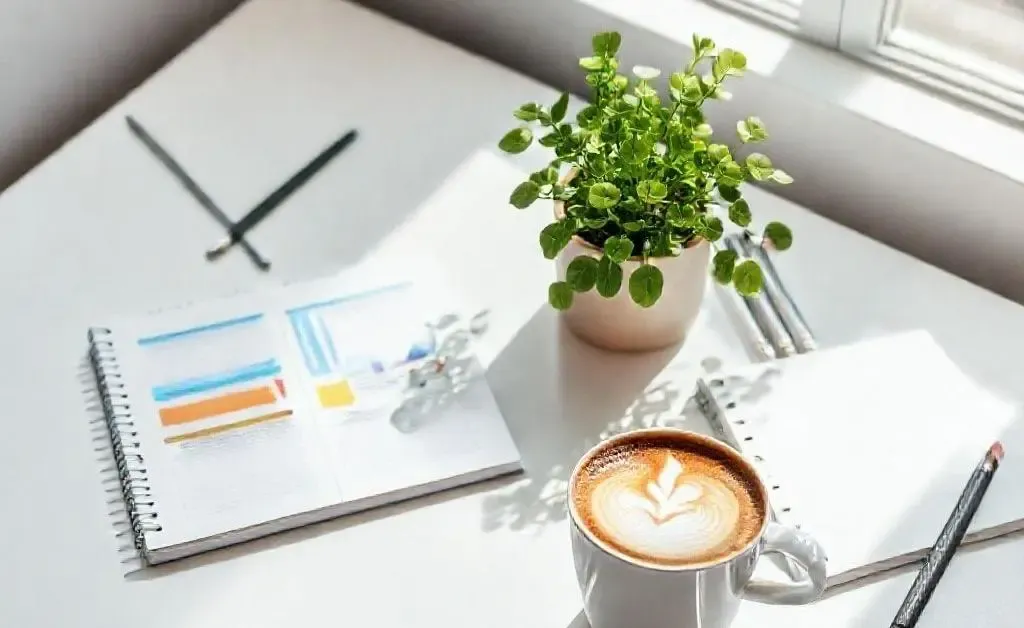 A clean, organized desk with a planner, a coffee cup, and a potted plant.