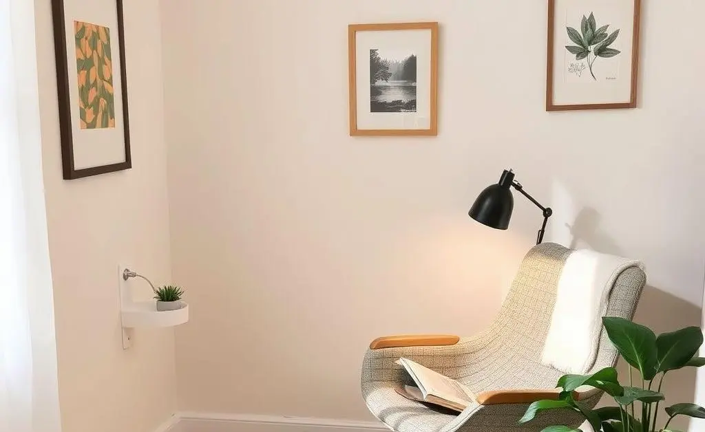 An inviting reading corner with soft pillows and a shelf filled with books