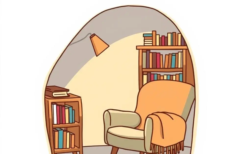 Cartoon-style image of a small relaxation corner, featuring a cozy chair, a soft blanket, and a reading lamp.