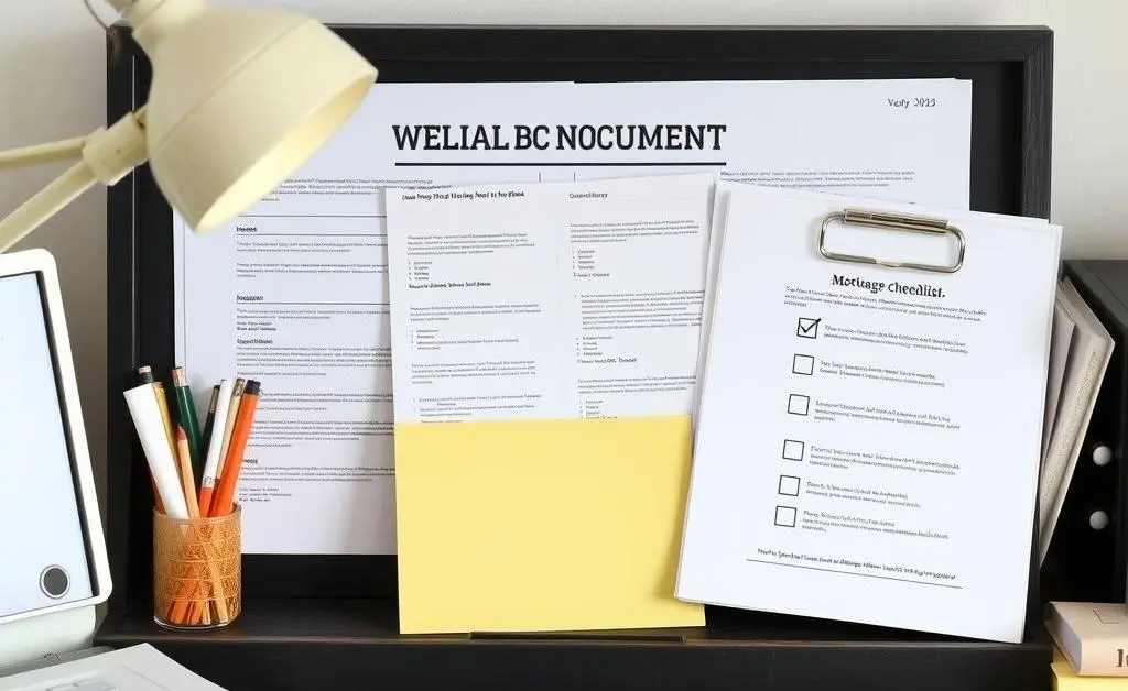 Organized mortgage documents on a desk with a calculator and pen.