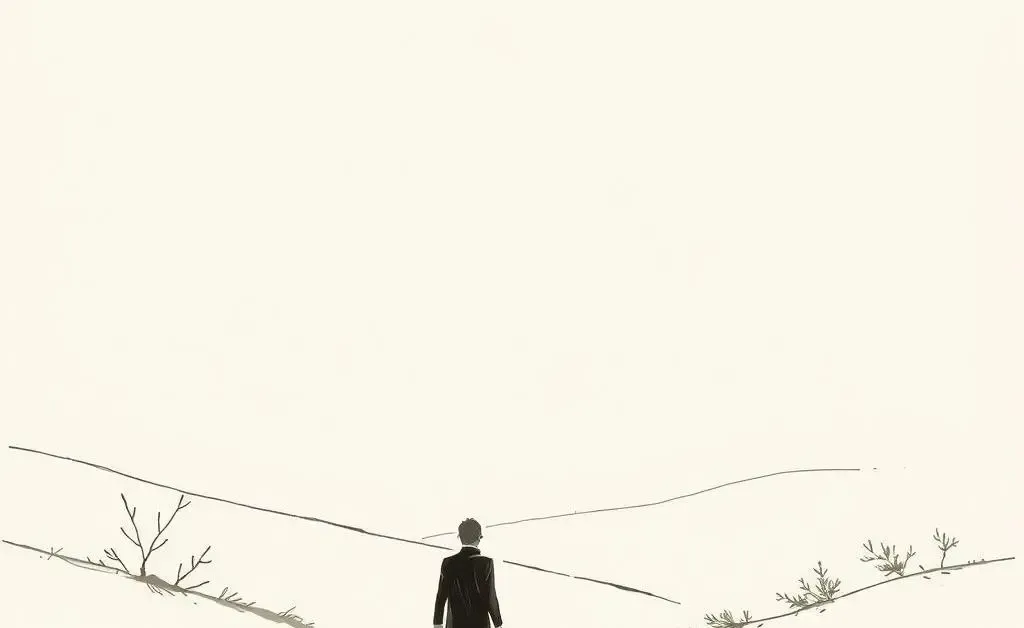 Minimalist drawing of a person walking peacefully in nature, feeling serene and present.