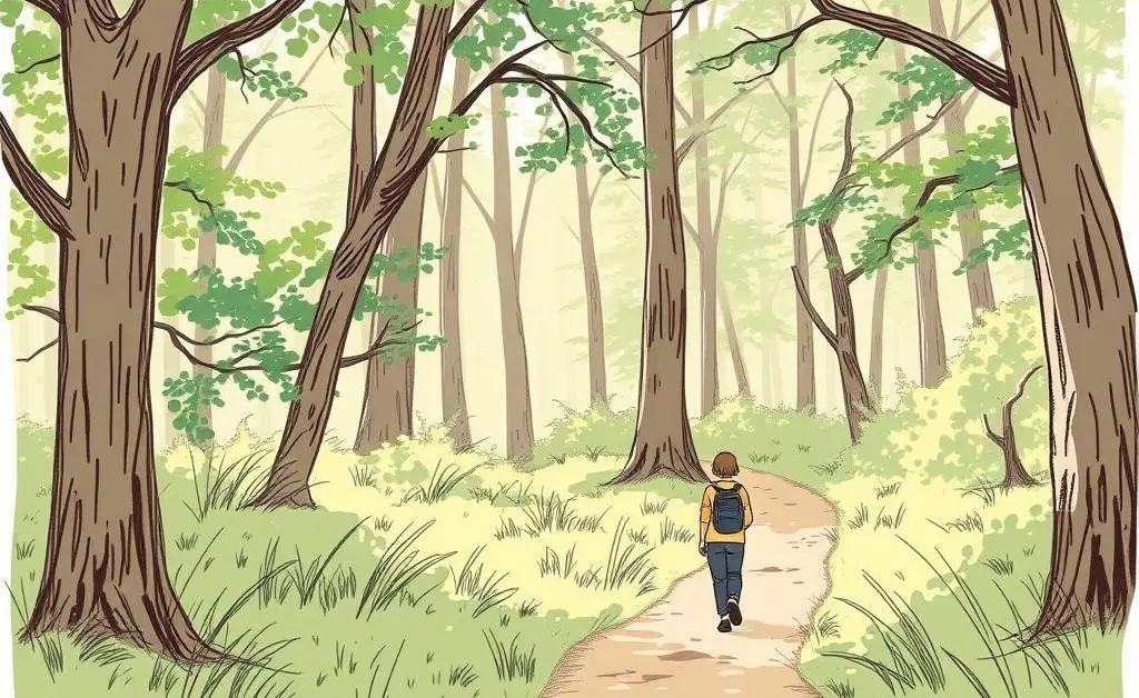 Drawing of a person walking through a serene forest path.