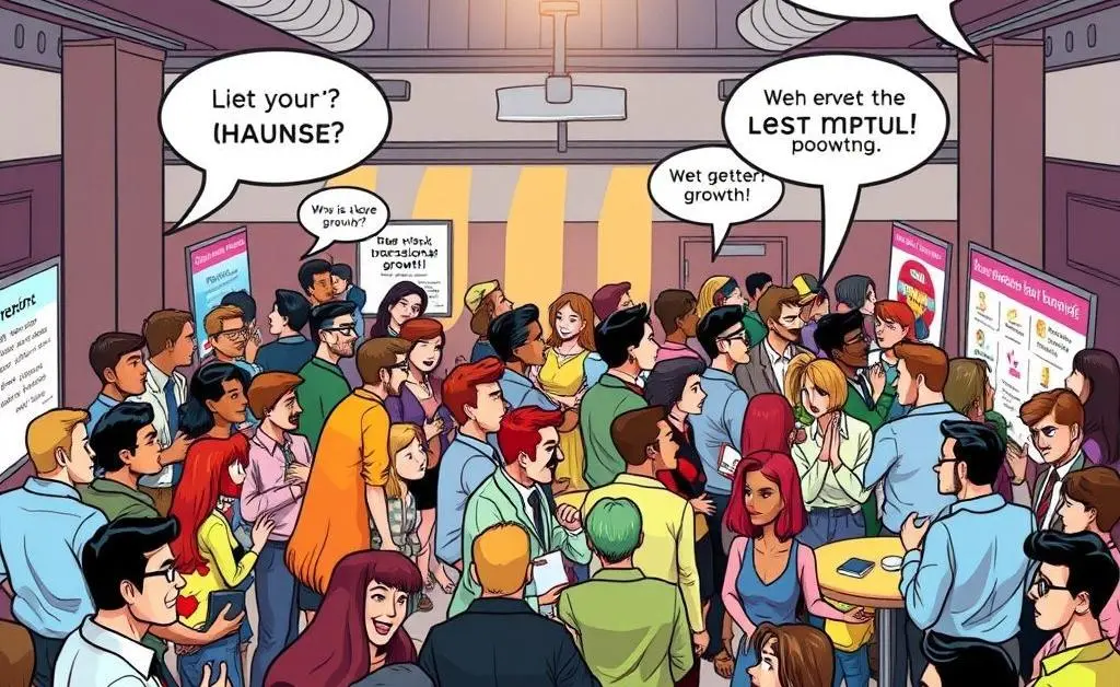 Light-hearted, cartoon-style illustration of people networking at a social event.