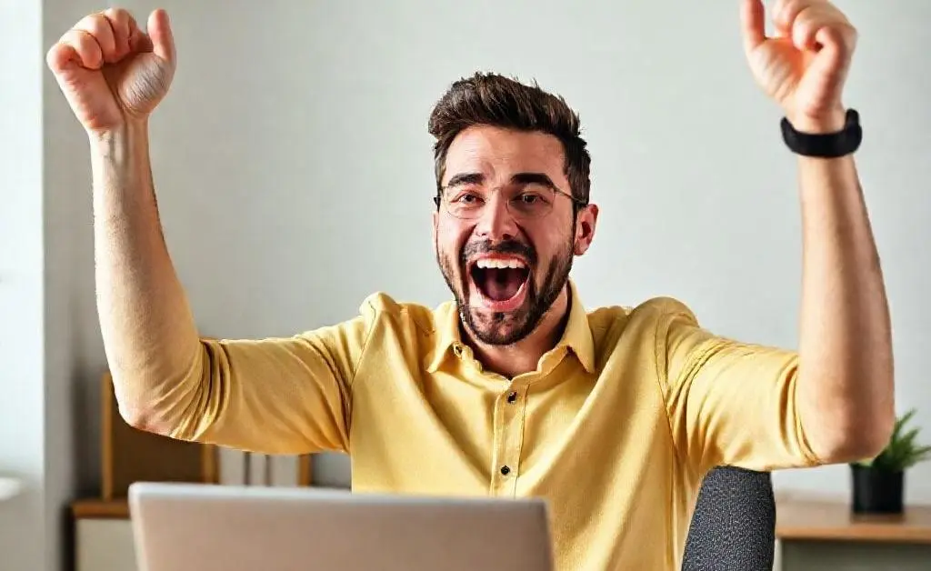 An excited new real estate investor celebrating a small win at a desk with a laptop