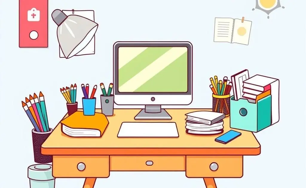 A cartoon image of a neat desk with organized insurance paperwork and a cheerful, focused character.