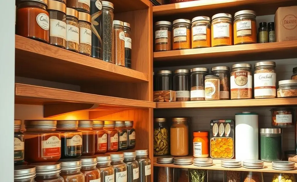 An organized kitchen with labeled jars and clean surfaces