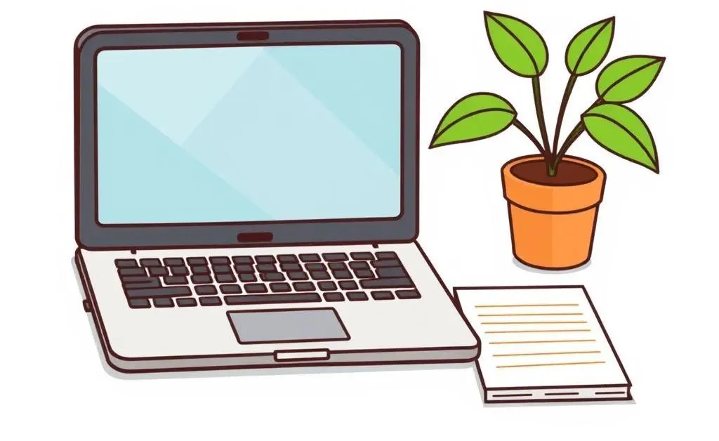 A neat and organized workspace with a laptop, notebook, and a plant on the desk.