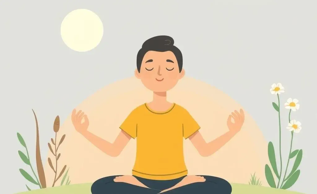 A tranquil setting with a cartoon homeowner meditating in their living room.