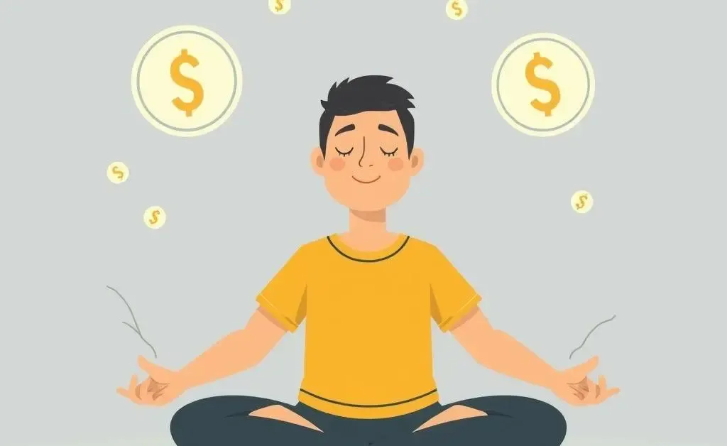 Cartoon of a relaxed person meditating with financial graphs in the background