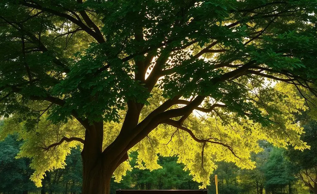 A serene park scene with a bench under a large tree