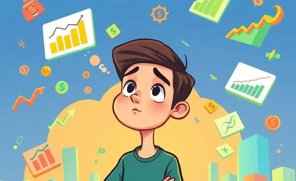 Cartoon person pondering investment options with thought bubbles showing different strategies.