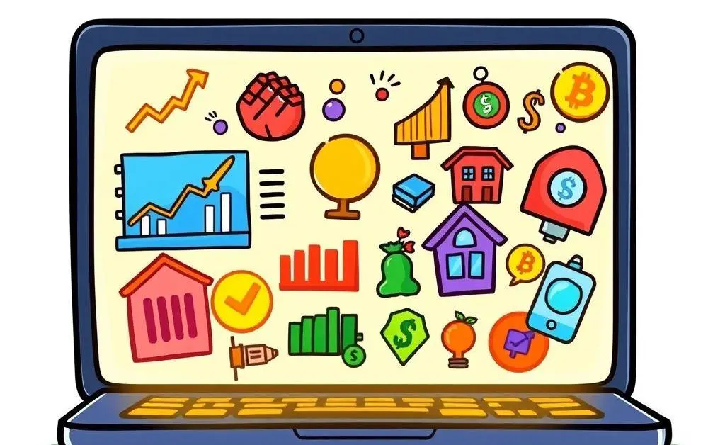 A cartoon hand-drawn image of a laptop screen showing a colorful personal budgeting app