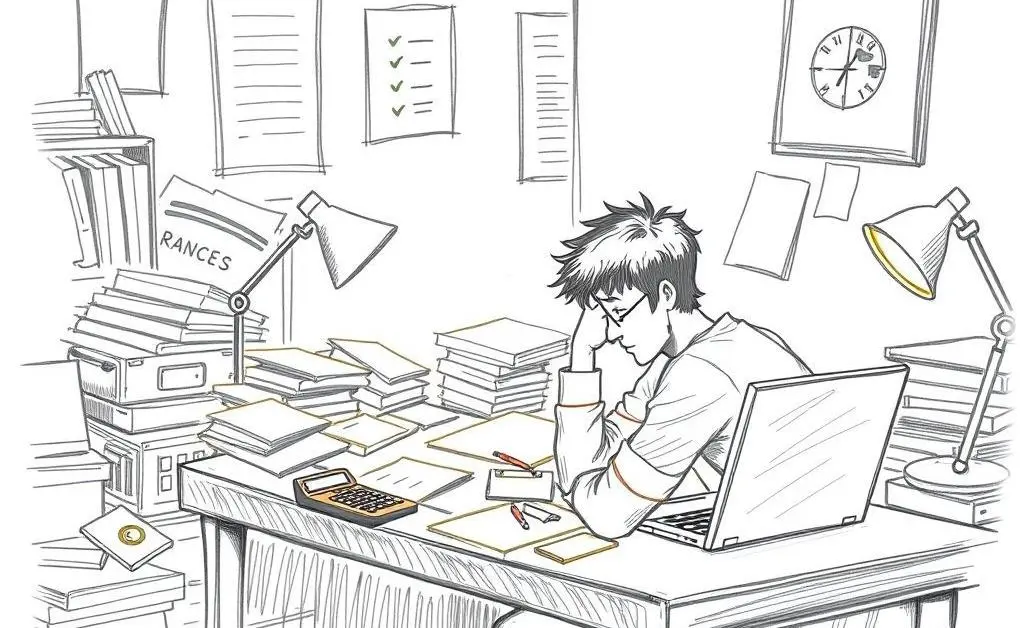A person organizing personal finance documents at a desk.