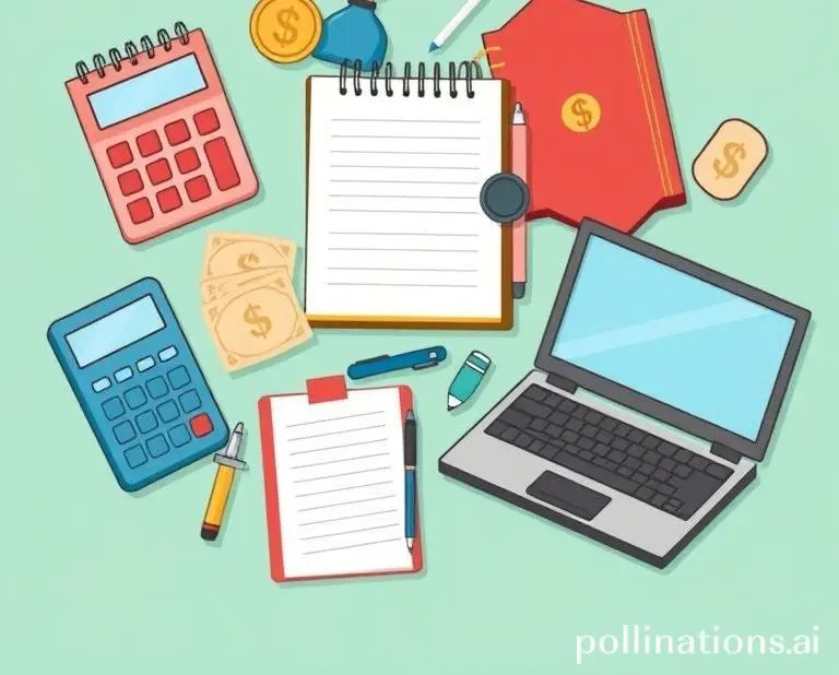 Various personal finance tools including a calculator and notebook
