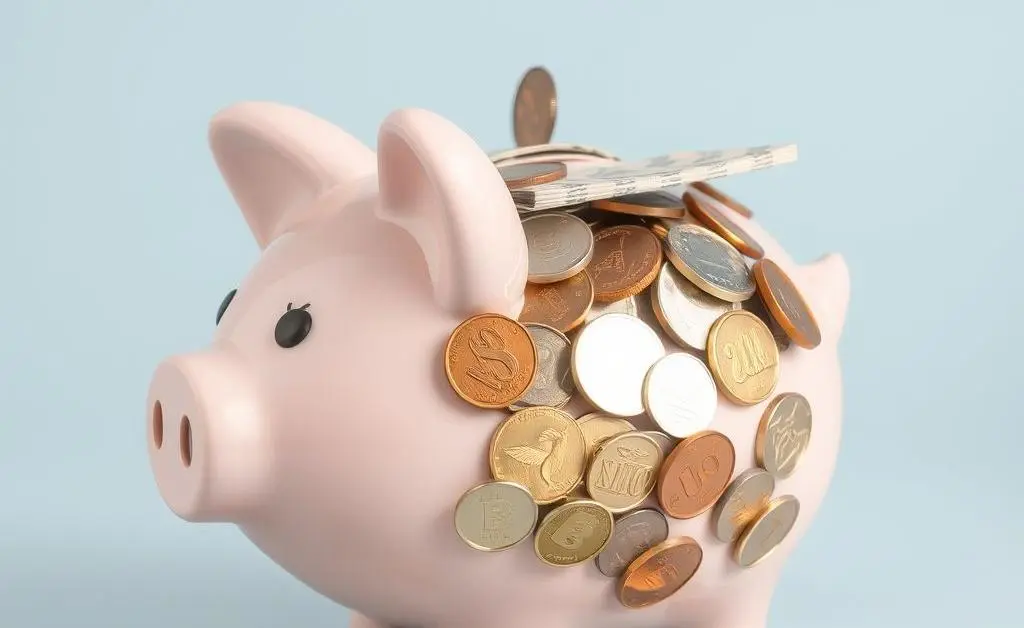 A cartoon-style piggy bank being fed coins, representing building good savings habits.