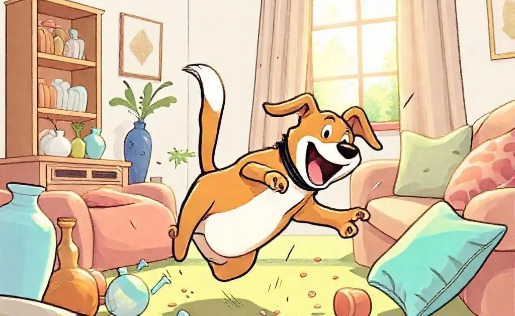 Illustration showing a playful pet causing accidental damage in a humorous way.