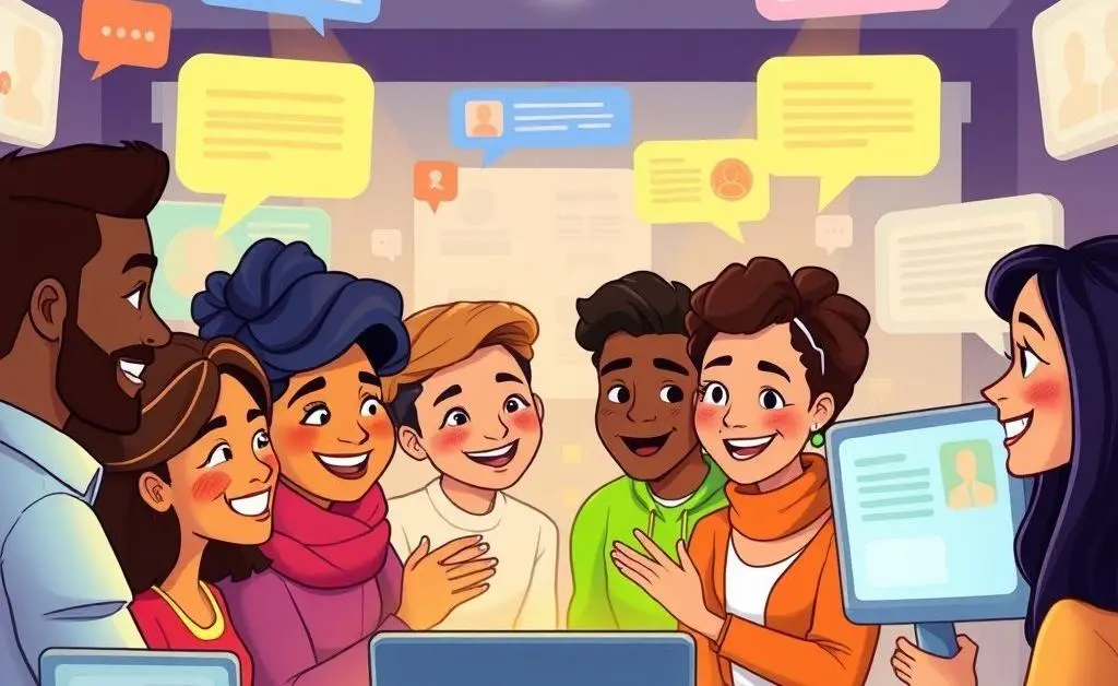 A cartoon community gathering online, smiling and feeling secure