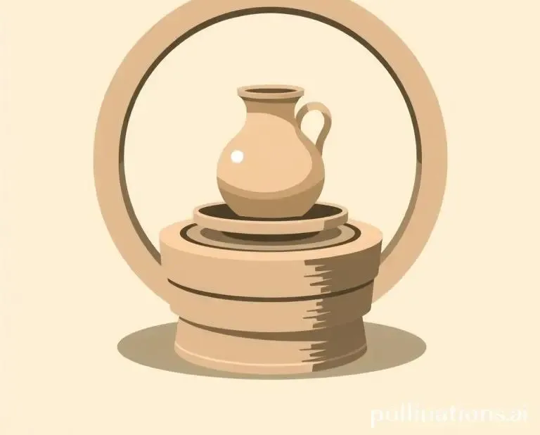 A clean, minimalist illustration of a pottery wheel with clay vase in progress.
