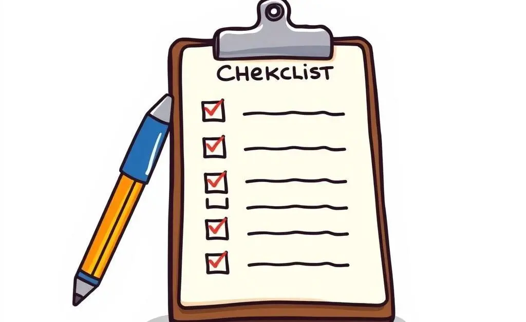 A cartoon-style checklist on a clipboard with a pen and a small house sketch.