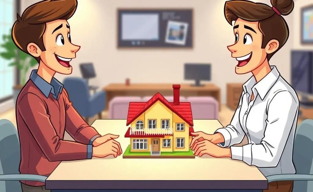 Cartoon of a real estate agent giving advice to a smiling client with a house model