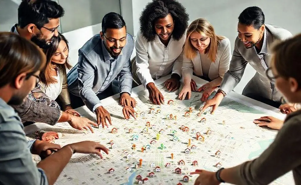 A team planning real estate investments on a neighborhood map.