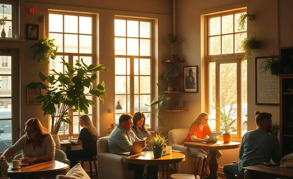 A relaxed coffee shop with a person enjoying a book and coffee