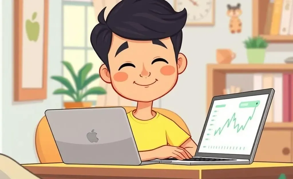 Cartoon of a relaxed person at a desk looking at their laptop with a satisfied expression showing financial tracking