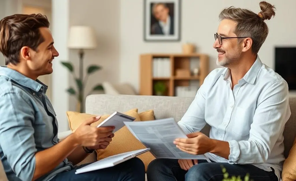 A cozy living room scene with people enjoying a relaxed conversation about real estate investing.