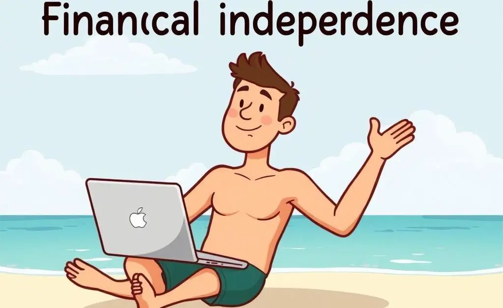 Cartoony beach scene with a person relaxing under a palm tree, representing the reward of financial independence.
