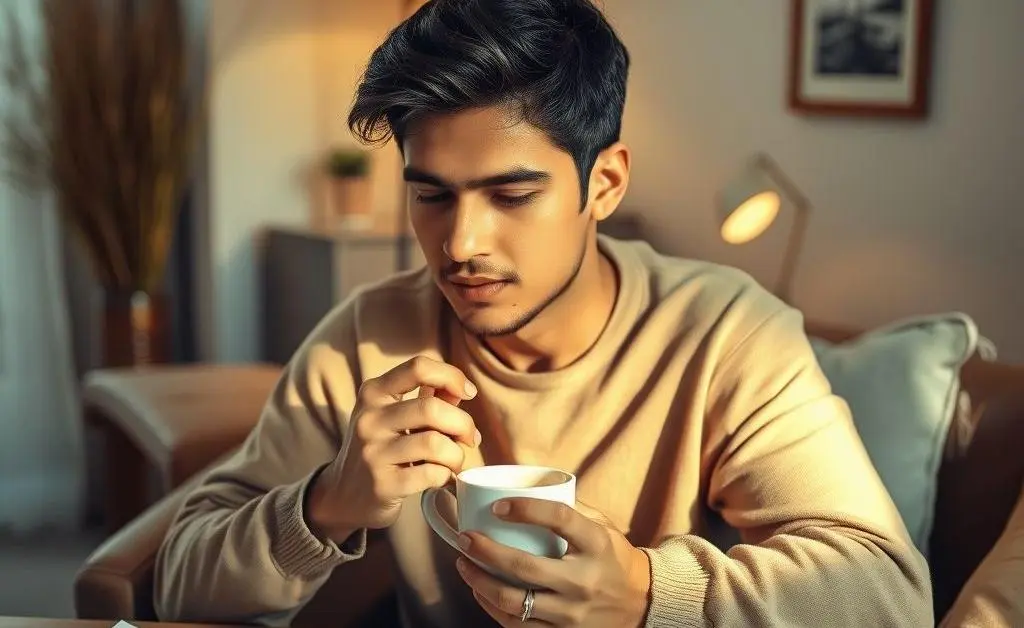 A person enjoying coffee while looking over financial plans.