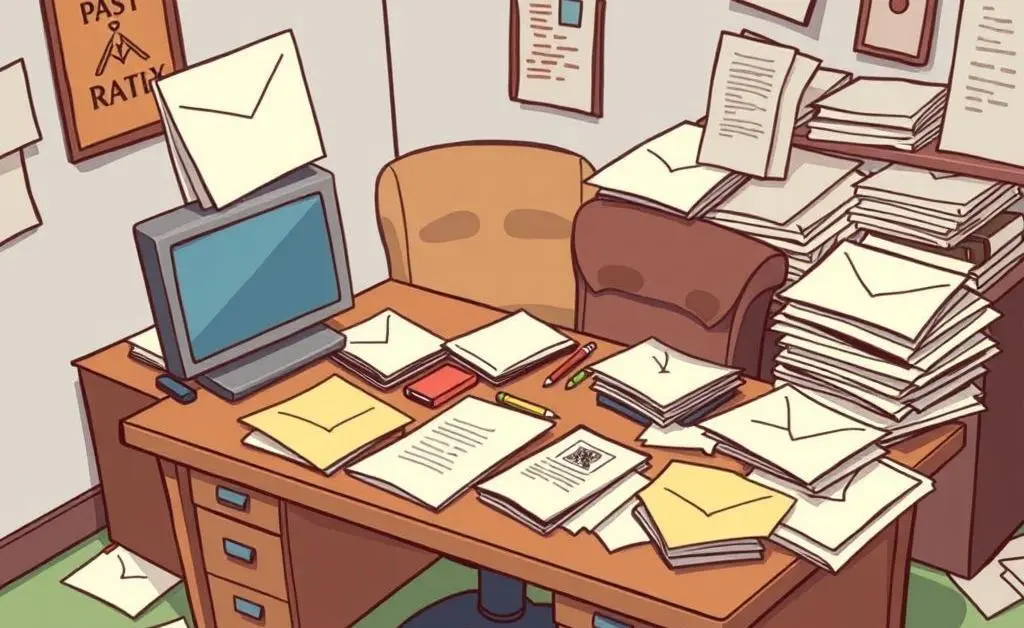 Cartoon-style image of a cluttered desk with a resignation letter in the center