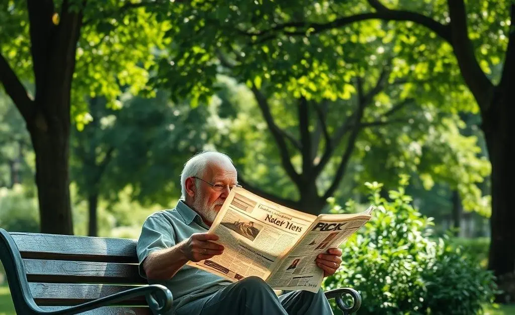 Retired person reading a financial newspaper