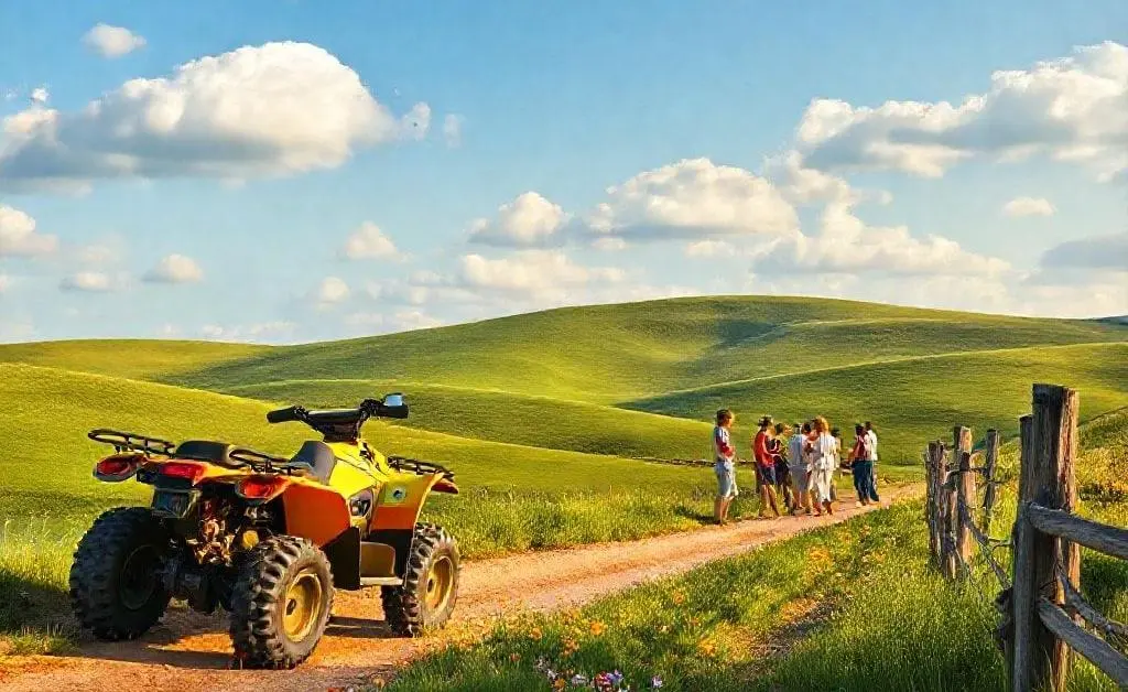 A whimsical roadside scene with an ATV slightly askew and people discussing nearby.