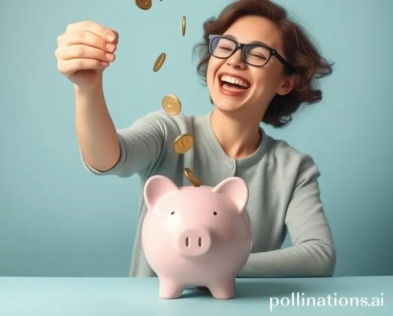 A joyful person dropping coins into a piggy bank, representing strategic saving.