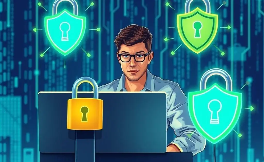 Illustration of a person managing passwords securely on their computer.