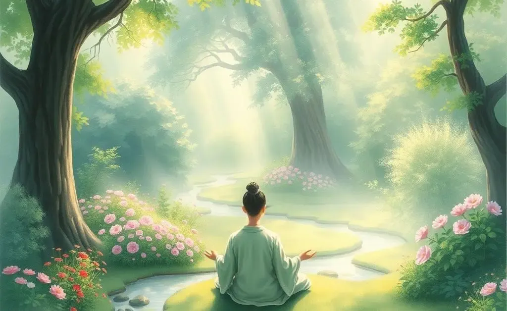 A serene garden with someone peacefully meditating, with gentle sunlight filtering through leaves.