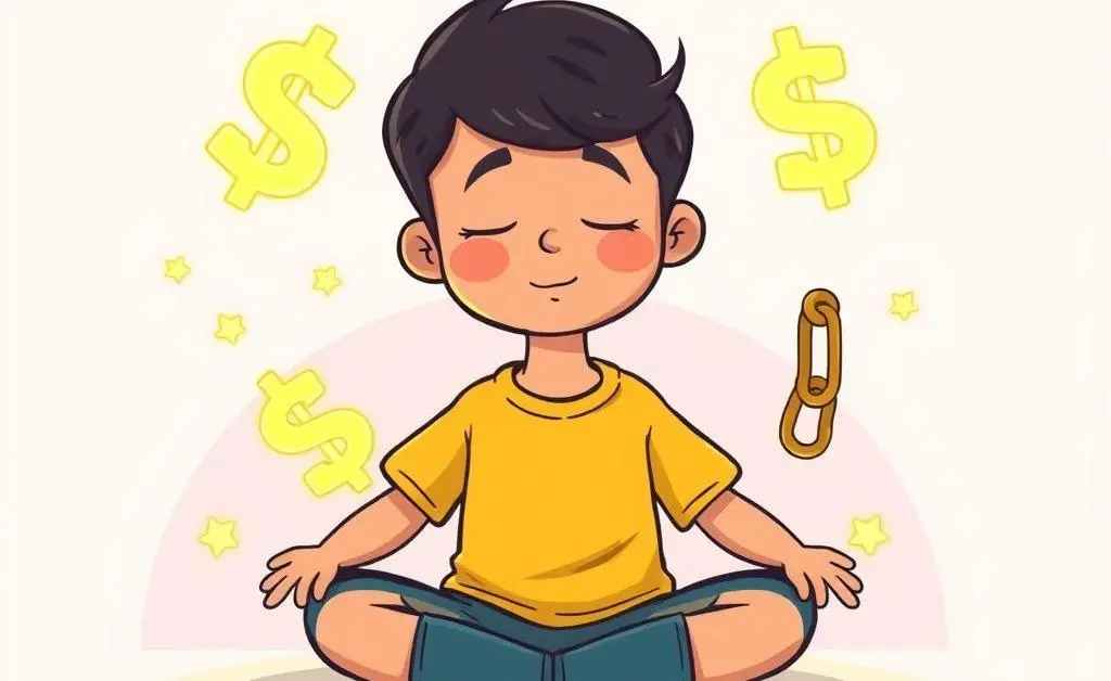 A peaceful and focused mind surrounded by financial icons.