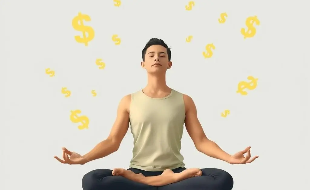 Person meditating with floating dollar symbols.