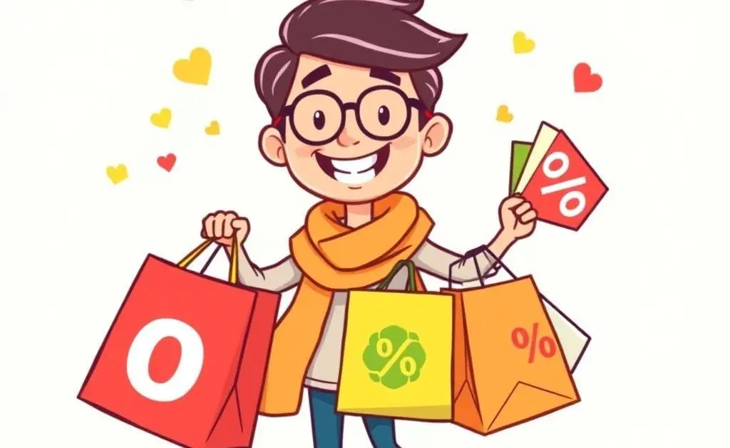 An illustration showing a person triumphantly holding a shopping bag with a rewards card.