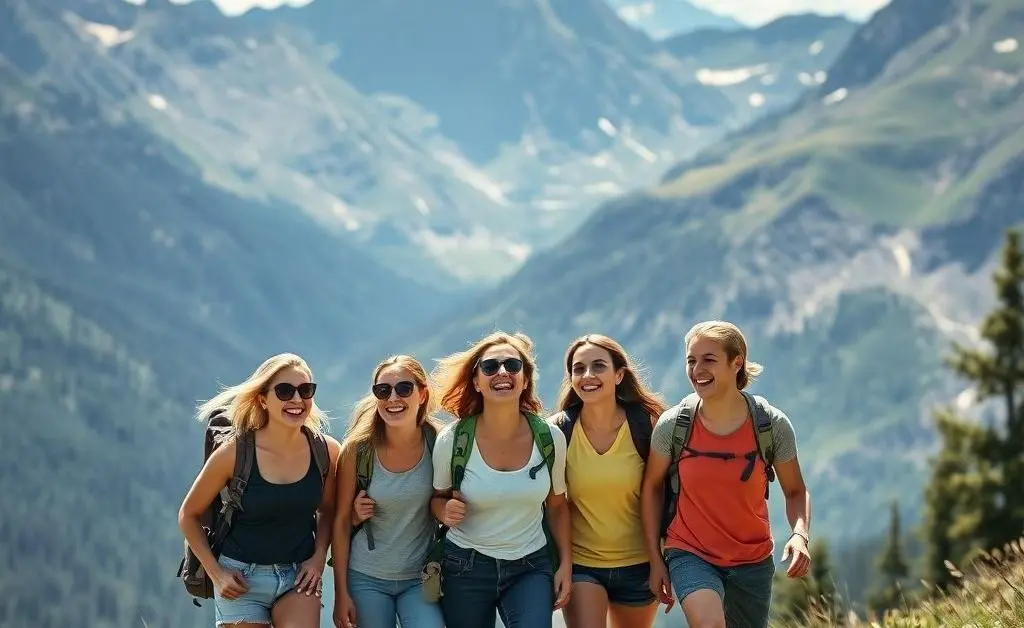 An illustration of friends enjoying a hike in the mountains.