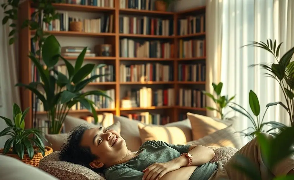 A cozy living room with a person relaxing on the couch, reading a book.
